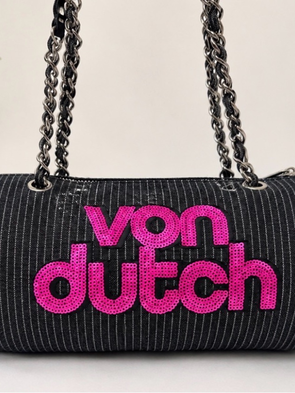 Von Dutch Black Pinstripe Shoulder Bag with Pink Sequin Logo
